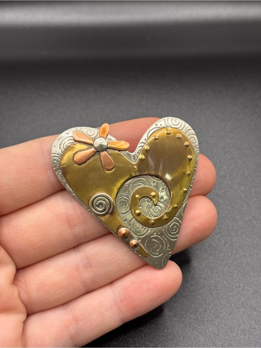 Artisan Handcrafted Mixed-Metal Heart Pin Brooch in Brass and Copper